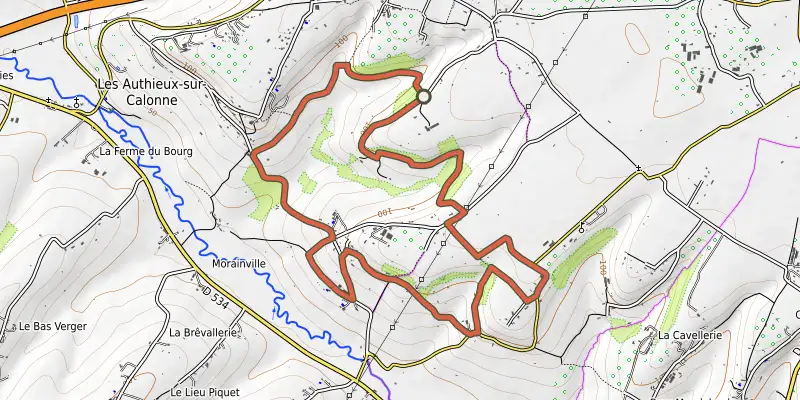 Map of the Le ruisseau des fontaines track on OpenTopoMap, with the start and numbered waypoints