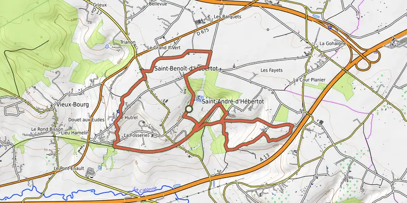 Carte du tracé de Autour du château d'Hébertot sur le Plan IGN, départ et points de passage numérotés