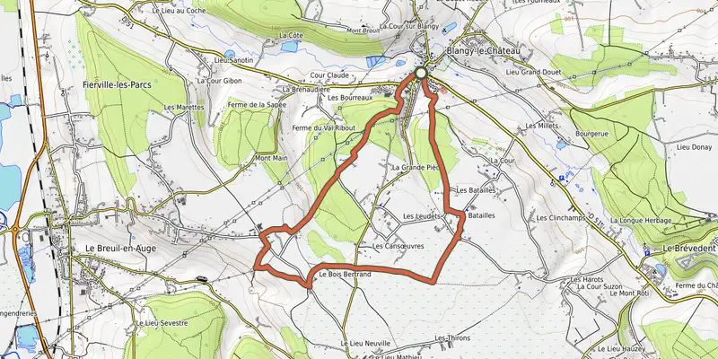 Carte du tracé de Entre la Touques et le Chaussey sur le Plan IGN, départ et points de passage numérotés