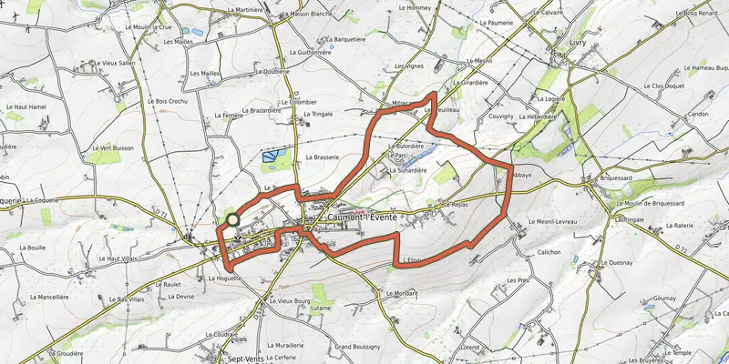 Map of the La Butte de Caumont track on OpenTopoMap, with the start and numbered waypoints