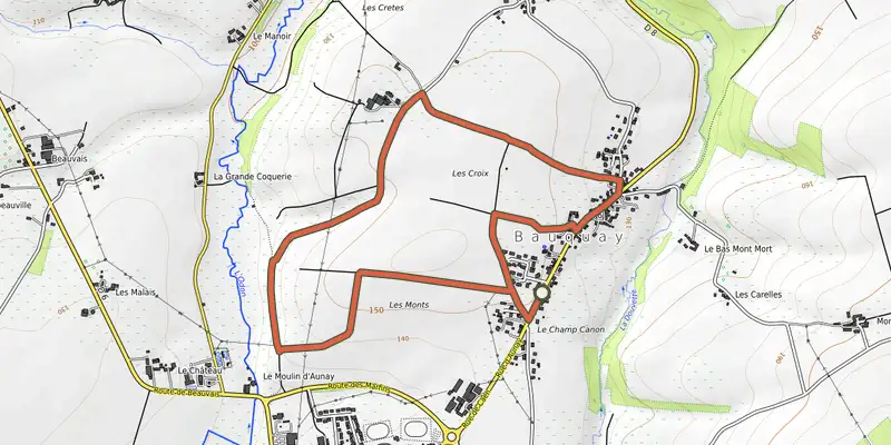Map of the Petit tour à Beauquay track on the IGN map, with the start and numbered waypoints