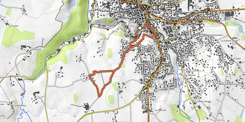 Map of the Le chemin des Etalards track on OpenTopoMap, with the start and numbered waypoints