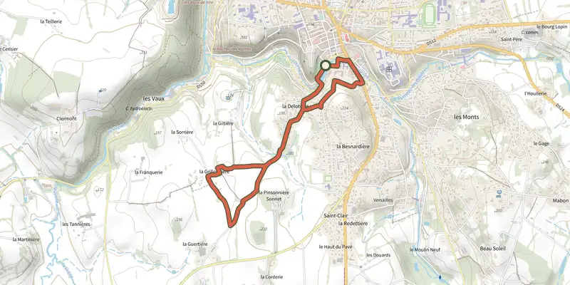 Map of the Le chemin des Etalards track on the IGN map, with the start and numbered waypoints