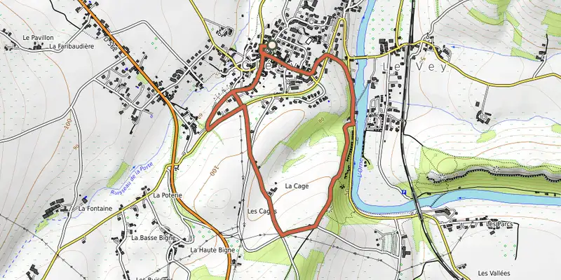 Carte du tracé de La Croix de la Faverie sur OpenTopoMap, départ et points de passage numérotés