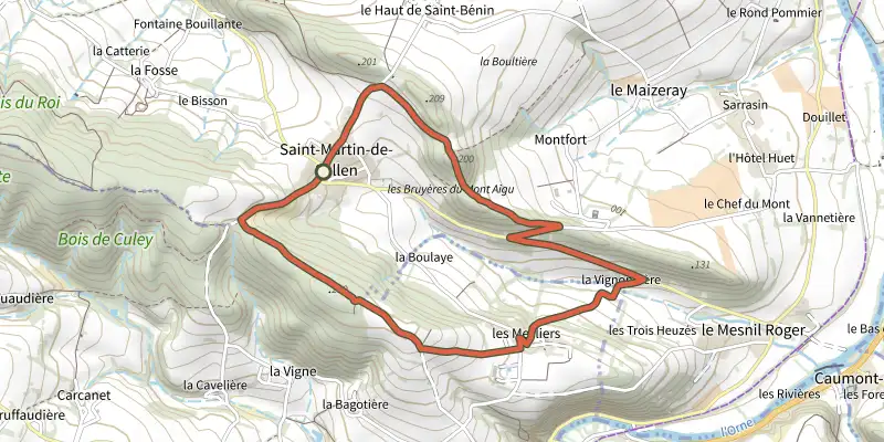 Map of the Les Bruyères du Mont Aigu track on the IGN map, with the start and numbered waypoints