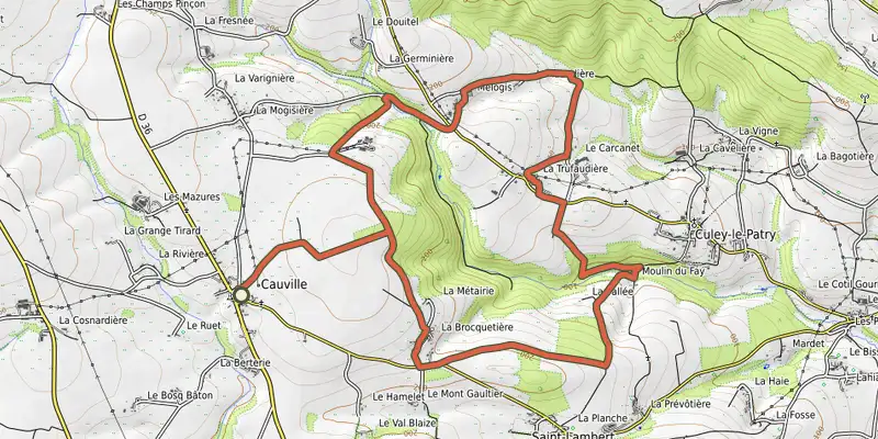Map of the Le Moulin du Fay track on OpenTopoMap, with the start and numbered waypoints