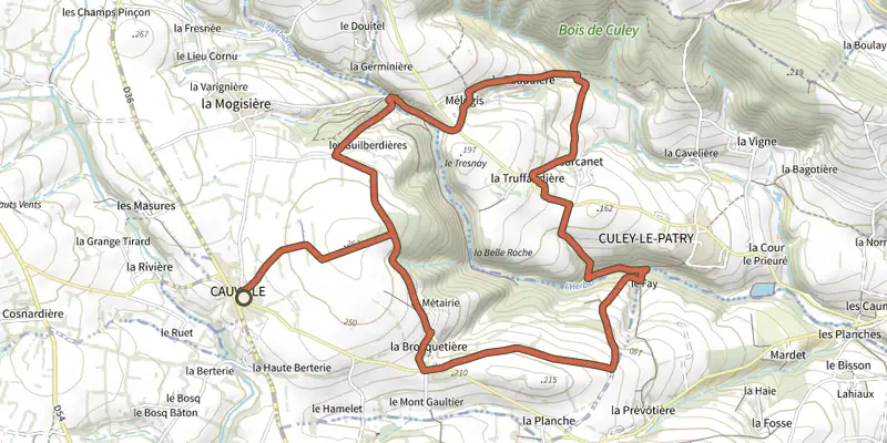 Map of the Le Moulin du Fay track on the IGN map, with the start and numbered waypoints
