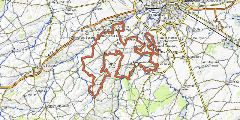 Map of the Gravel Orne Odon 5 track on OpenTopoMap, with the start and numbered waypoints