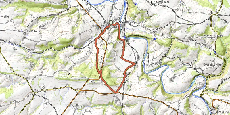 Map of the Clécy et ses villages track on OpenTopoMap, with the start and numbered waypoints