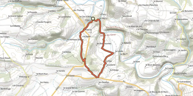 Map of the Clécy et ses villages track on the IGN map, with the start and numbered waypoints