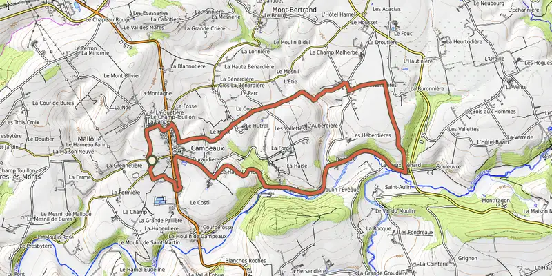 Carte du tracé de Les trois vallées sur le Plan IGN, départ et points de passage numérotés
