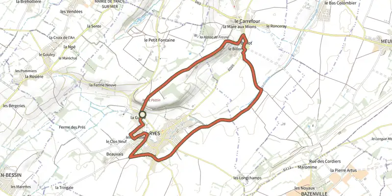 Map of the Les Monts de Ryes track on the IGN map, with the start and numbered waypoints