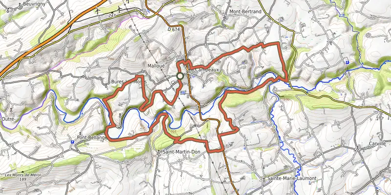 Map of the Les gorges de la Vire track on OpenTopoMap, with the start and numbered waypoints