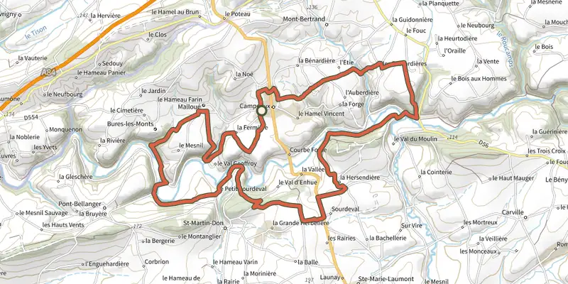 Carte du tracé de Les gorges de la Vire sur le Plan IGN, départ et points de passage numérotés