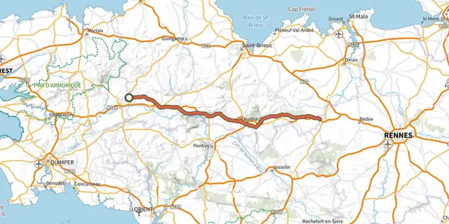 Tracé de V406 - La Trans- Armorique - L'ancienne Voie Ferrée du Centre Bretagne sur le Plan IGN