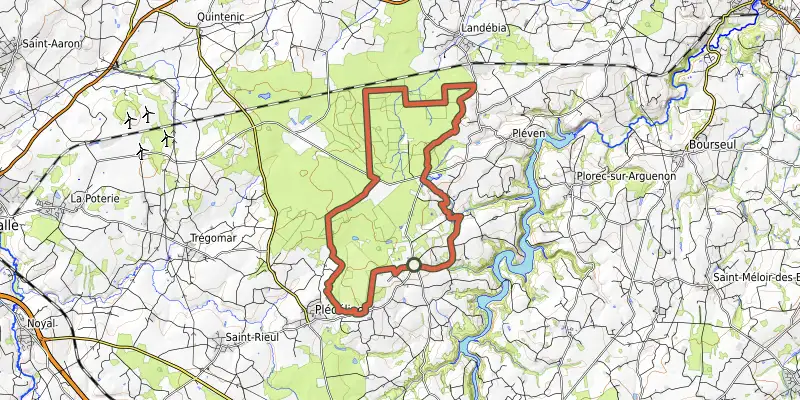 Carte du tracé de VTT La forêt de la Hunaudaye n°9 sur le Plan IGN, départ et points de passage numérotés