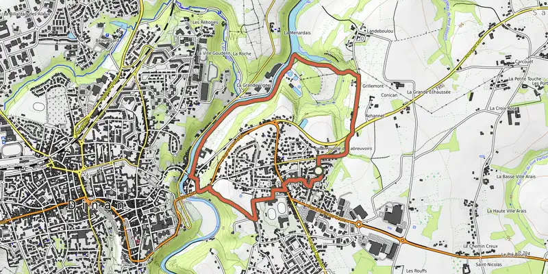 Map of the Circuit de la vieille rivière track on OpenTopoMap, with the start and numbered waypoints