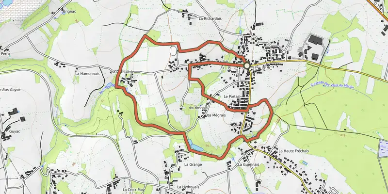 Carte du tracé de Aucaleuc - Vallée du Ruet sur OpenTopoMap, départ et points de passage numérotés