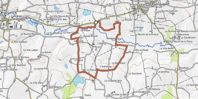 Map of the Le chemin de Loziers track on OpenTopoMap, with the start and numbered waypoints