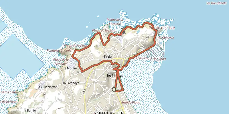 Map of the Le soleil levant track on OpenTopoMap, with the start and numbered waypoints
