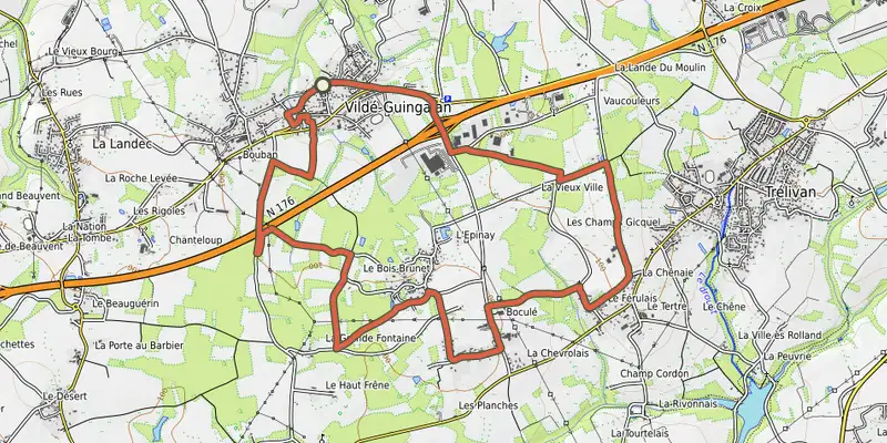 Map of the Vildé-Guingalan - Circuit des trois villages track on OpenTopoMap, with the start and numbered waypoints