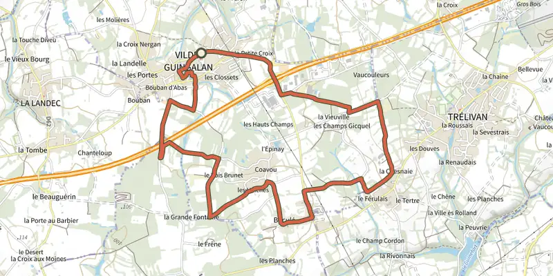Carte du tracé de Vildé-Guingalan - Circuit des trois villages sur le Plan IGN, départ et points de passage numérotés