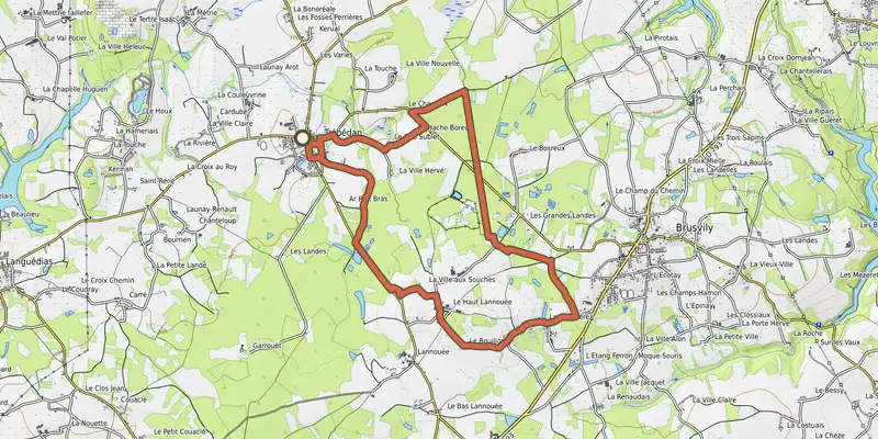 Carte du tracé de La voie romaine sur OpenTopoMap, départ et points de passage numérotés