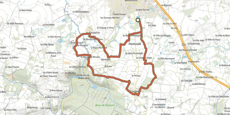 Carte du tracé de La ronde de Cambel sur le Plan IGN, départ et points de passage numérotés