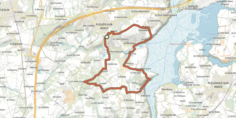 Map of the Le circuit des bois Rochel à Plouër-sur-Rance track on OpenTopoMap, with the start and numbered waypoints