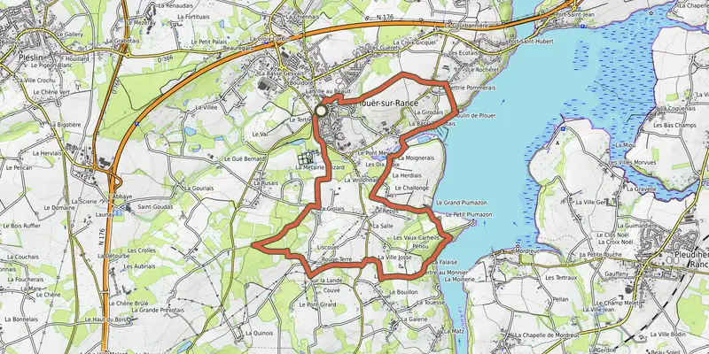 Map of the Le circuit des bois Rochel à Plouër-sur-Rance track on OpenTopoMap, with the start and numbered waypoints