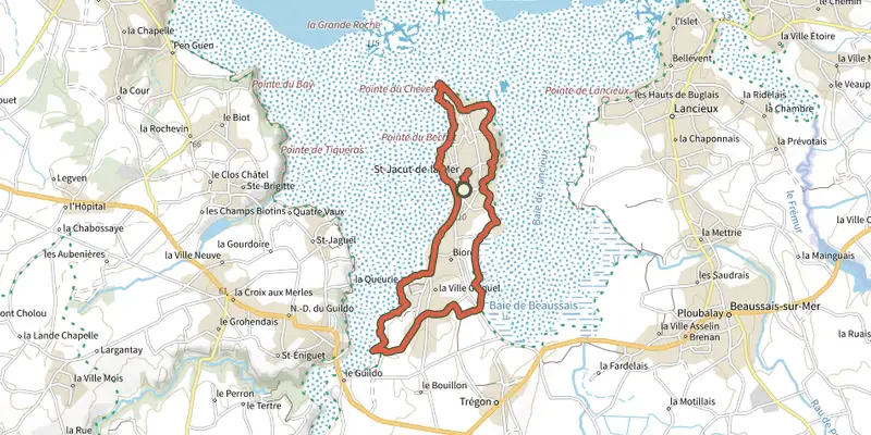 Carte du tracé de Circuit de l'entre deux baies sur le Plan IGN, départ et points de passage numérotés