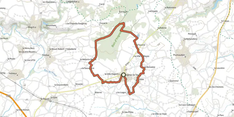 Carte du tracé de Le circuit des templiers sur OpenTopoMap, départ et points de passage numérotés
