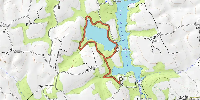 Carte du tracé de La boucle du Rocleu sur le Plan IGN, départ et points de passage numérotés