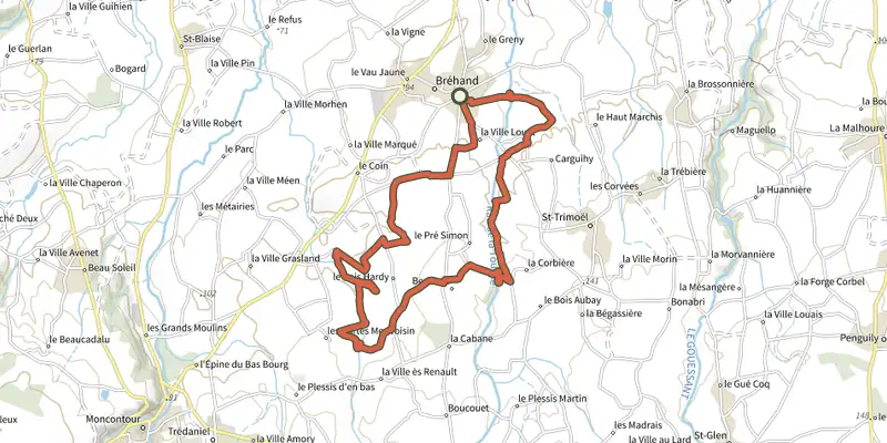 Map of the Sous le Sceau de Boishardy track on OpenTopoMap, with the start and numbered waypoints