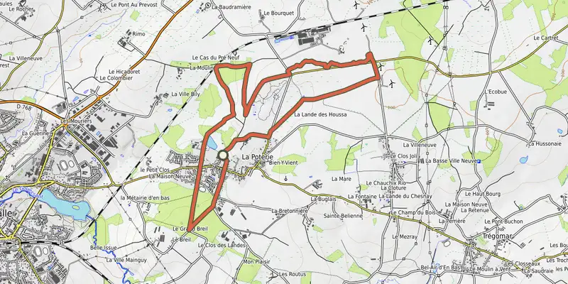 Map of the Au temps des potiers track on OpenTopoMap, with the start and numbered waypoints
