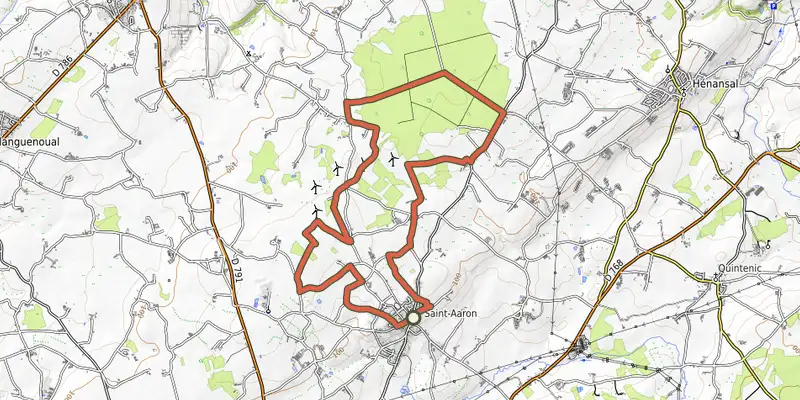 Map of the Du champ au bois... track on OpenTopoMap, with the start and numbered waypoints