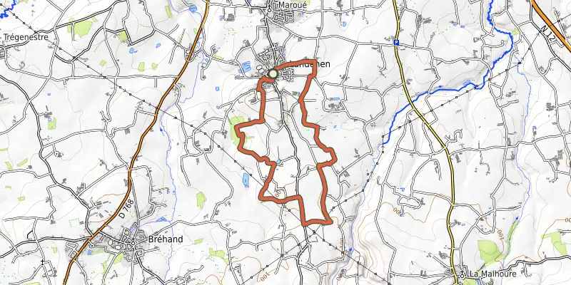 Map of the Au Pays de Saint-Guihen track on OpenTopoMap, with the start and numbered waypoints