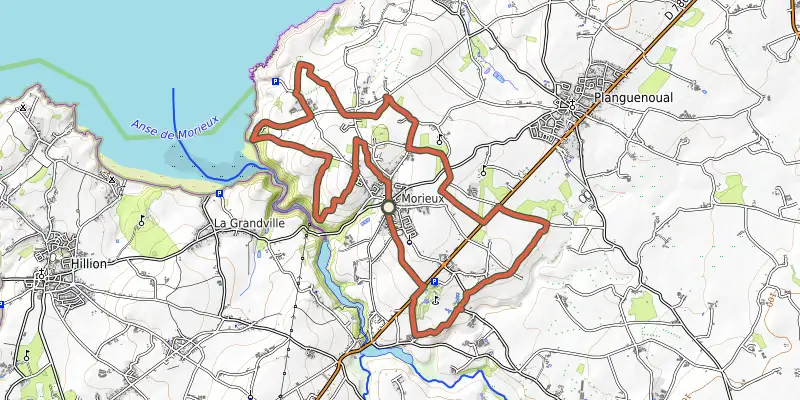 Carte du tracé de Entre mer et campagne sur le Plan IGN, départ et points de passage numérotés