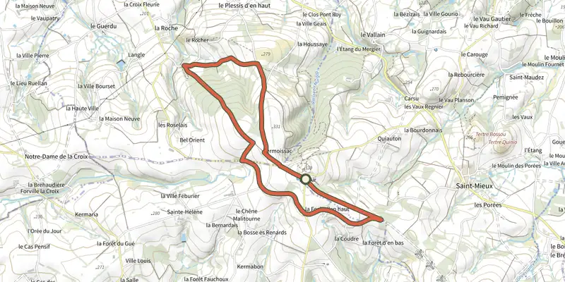 Map of the Sur le toit des Côtes d'Armor track on OpenTopoMap, with the start and numbered waypoints