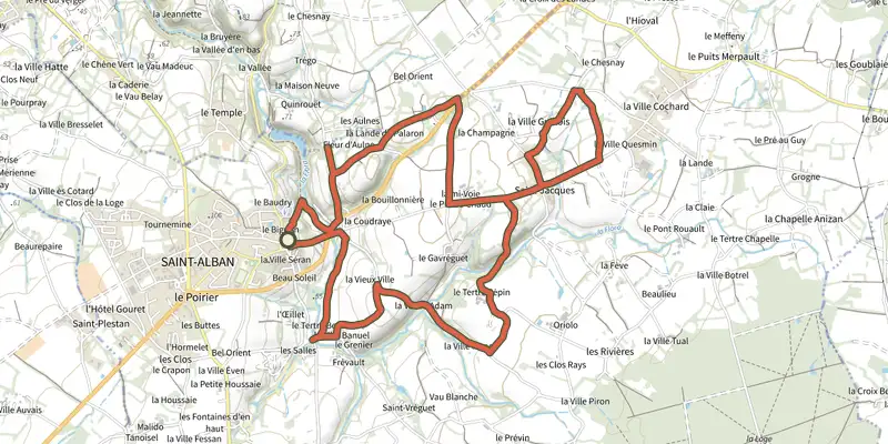 Map of the À la rencontre de la Flora track on the IGN map, with the start and numbered waypoints