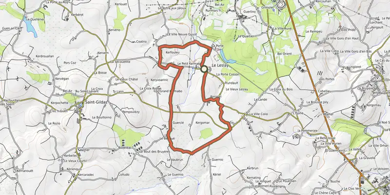 Map of the Sur les chemins du Leslay track on OpenTopoMap, with the start and numbered waypoints
