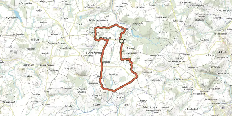Map of the Sur les chemins du Leslay track on the IGN map, with the start and numbered waypoints