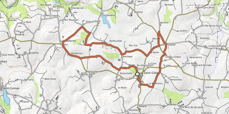 Map of the Circuit de la chapelle de Kerdrouallan track on OpenTopoMap, with the start and numbered waypoints