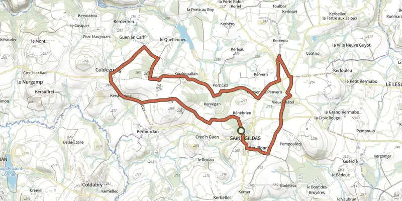 Carte du tracé de Circuit de la chapelle de Kerdrouallan sur le Plan IGN, départ et points de passage numérotés