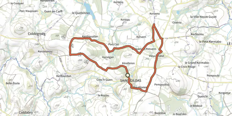 Carte du tracé de Circuit de la chapelle de Kerdrouallan (variante) sur OpenTopoMap, départ et points de passage numérotés