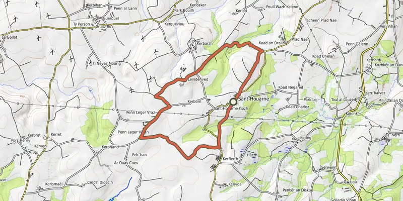 Carte du tracé de Tro Saint-Houarneau sur le Plan IGN, départ et points de passage numérotés