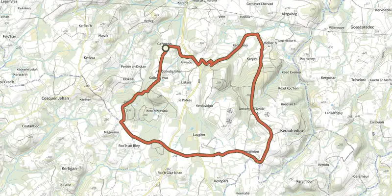 Map of the Circuit An Tri Eskop - Bourbriac track on OpenTopoMap, with the start and numbered waypoints