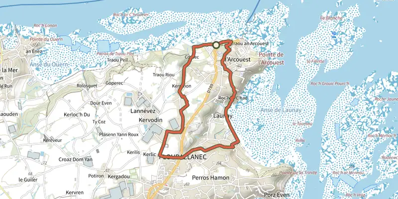 Map of the Circuit de la pointe de l'Arcouest track on the IGN map, with the start and numbered waypoints