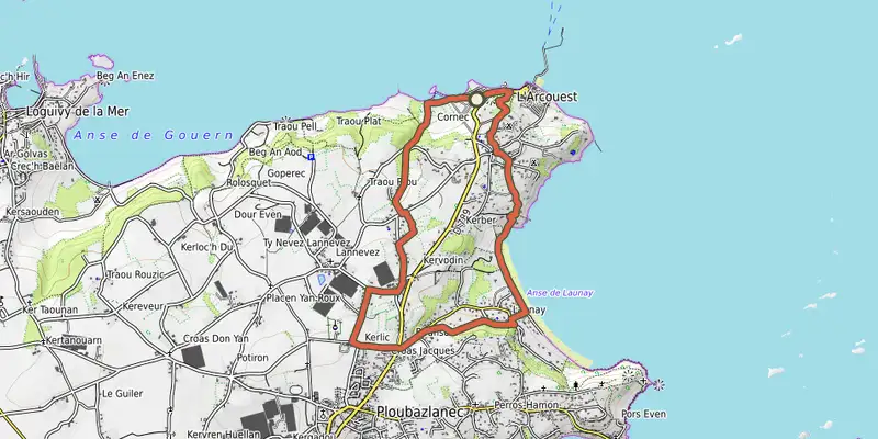 Map of the Circuit de la pointe de l'Arcouest track on OpenTopoMap, with the start and numbered waypoints