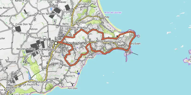 Map of the Sur les pas des Islandais track on OpenTopoMap, with the start and numbered waypoints
